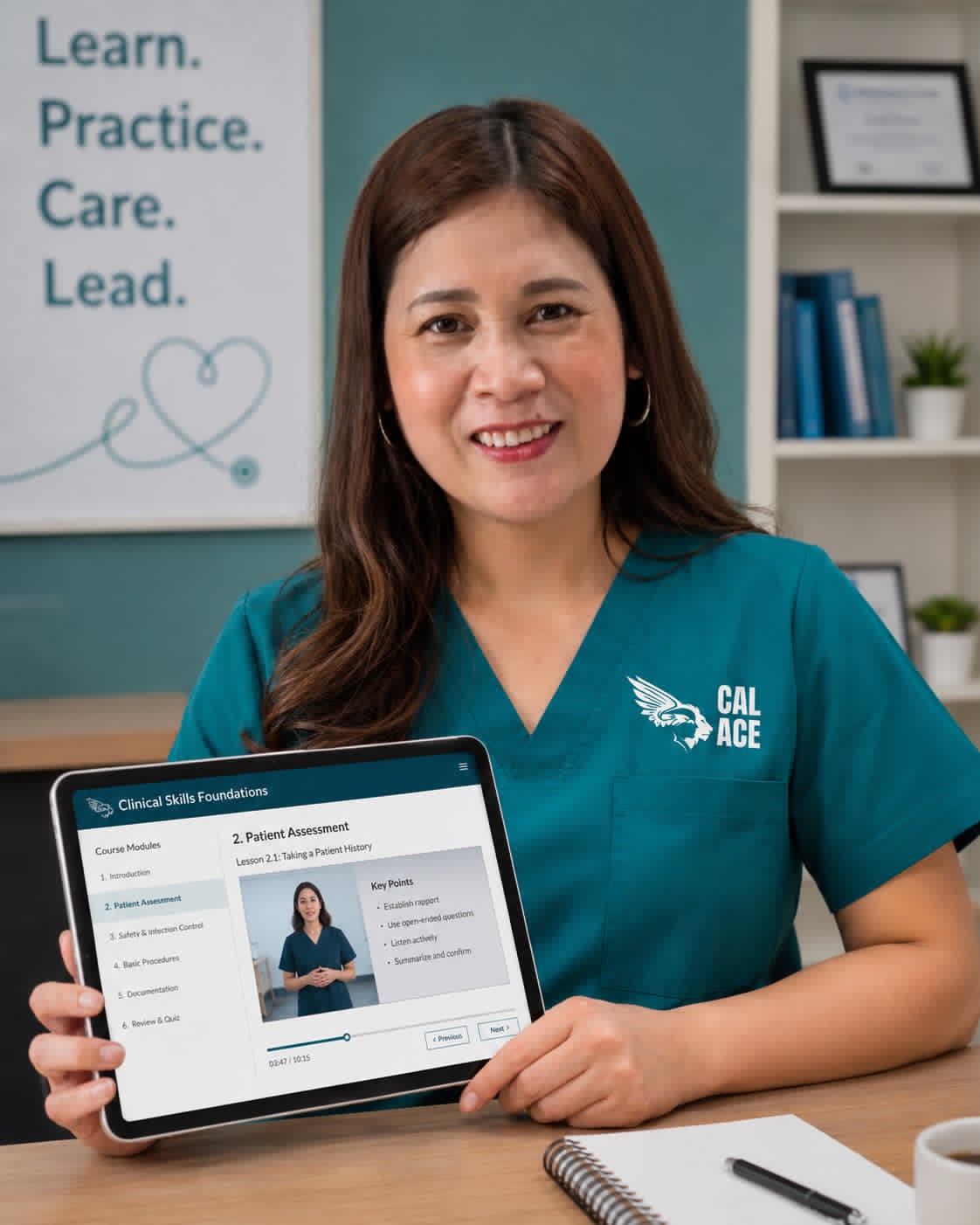 Smiling California CNA in scrubs with CAL ACE credentials